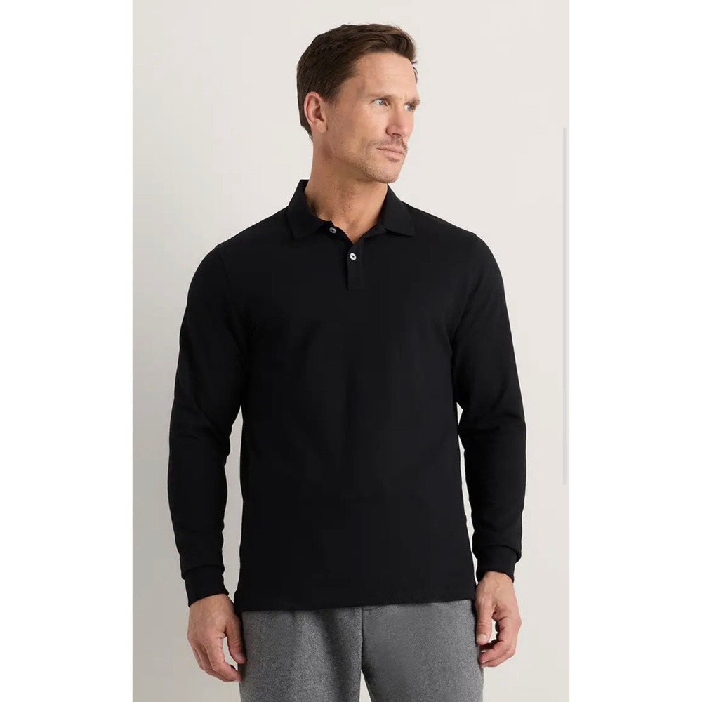 Quince Mens Organic Cotton Long Sleeve Polo Shirt Black Size S Stretch Collared